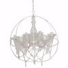 Benzara Round Cage Styled Metal Chandelier With Crystal Hangings, White and Clear