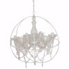 Benzara Round Cage Styled Metal Chandelier With Crystal Hangings, White and Clear