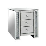 Benzara 3 Drawer Mirrored Nightstand with Faux Crystals Inlay, Silver