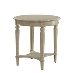 Benzara Wooden End Table with Scalloped Round Top and Turned Legs, Antique White