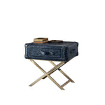 Benzara Aberdeen End Table, Vintage Blue Top Grain Leather