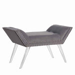 Benzara Fabric Ottoman Bench with Angled Acrylic Legs and Flared Armrests, Gray