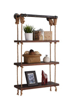 Benzara 3 Tier Ladder Style Rope Hanging Wall Shelf with Metal Pipe Frame, Brown