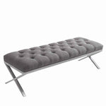Benzara Fabric Upholstered Button Tufted Bench with X Shaped Metal Legs, Gray