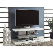Benzara Charming White Tv Console with Alternating Glass Shelves