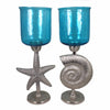 Benzara 2 Piece Hammered Glass Candle Holder On Shell And Starfish Stand, Blue And Silver