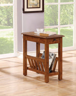 Benzara Wooden End Table with Slatted Magazine Rack and Block Legs, Brown