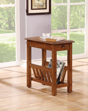 Benzara Wooden End Table with Slatted Magazine Rack and Block Legs, Brown