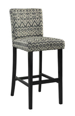 Benzara Wooden Counter Stool with Ikat Design Fabric Upholstery, Black and White