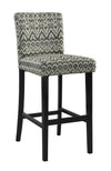 Benzara Wooden Bar Stool with Ikat Design Fabric Upholstery, Black and White