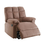 Benzara Plush Cushioned Recliner with Tufted Back and Roll Arms in Saddle Brown
