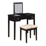 Benzara Wooden Vanity with Flip Top Mirror and Cushioned Stool,Black and Beige