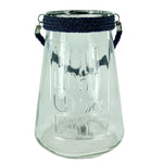 Benzara Inscribed Clear Glass Lantern with Rope, Dark Blue