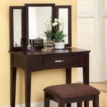 Benzara Wooden Vanity Table with 3 Panel Mirror and Padded Stool, Espresso Brown