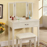 Benzara Pearl White Transitional Vanity Table with A Stool, White Finish