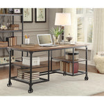 Benzara Industrial Style Metallic Writing Desk with Wooden Top and Shelves, Brown, Black