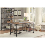 Benzara Industrial Style Metallic Writing Desk with Wooden Top and Shelves, Brown, Black