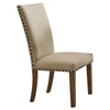 Benzara Wooden Side Chair Upholstered in Fabric with Nail Head Trim, Beige & Brown, Set of 2