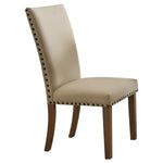 Benzara Wooden Side Chair Upholstered in Fabric with Nail Head Trim, Beige & Brown, Set of 2