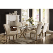 Benzara Wooden Side Chair Upholstered in Fabric with Nail Head Trim, Beige & Brown, Set of 2