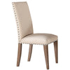 Benzara Wooden Side Chair Upholstered in Fabric with Nail Head Trim, Cream & Brown, Set of 2