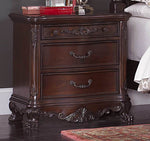 Benzara Wooden Night Stand with Intricate Carvings Cherry Brown