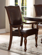 Benzara Traditional Style Wood & Leather Dining Side Arm Chair, Brown & Dark Brown, Set of 2