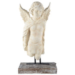 Benzara Magnesia and Metal Garden Angel Bust on A Wooden Pedestal, Beige