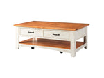 Benzara Dual Tone Wooden Coffee Table with Two Drawers, Antique White and Honey Tobacco Brown