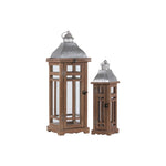 Benzara Traditional Wooden Lantern with Galvanized Top, Set of 2, Natural Brown