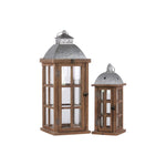 Benzara Wooden Lantern with  Galvanized Top and Ring Handle, Set of 2, Natural Finish Brown