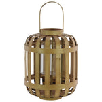 Benzara Wood Round Lantern with Lattice Design Body and Handle, Brown