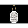 Benzara BamBoo Round Lantern with Triangle Cutouts and Hemp Rope Handle, White