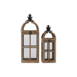 Benzara Wood Square Lantern with Ring Handle and Window Pane Design Body, Set of 2, Brown