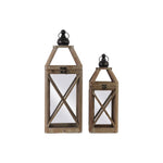 Benzara Wood Square Lantern with Ring Handle and Cross Design Body, Set of 2, Brown