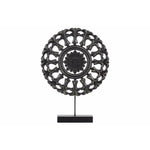 Benzara Wood Round Buddhist Wheel Ornament on Rectangular Stand in SM Matte Finish, Black