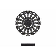 Benzara Wood Round Buddhist Wheel Ornament on Rectangular Stand in SM Matte Finish, Black