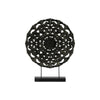 Benzara Wood Round Floral Wheel Ornament on Rectangular Stand in LG Matte Finish, Black