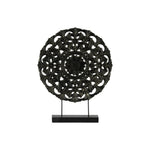 Benzara Wood Round Floral Wheel Ornament on Rectangular Stand in LG Matte Finish, Black