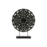 Benzara Wood Round Floral Wheel Ornament on Rectangular Stand in LG Matte Finish, Black