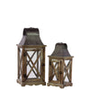 Benzara Wood and Metal Lantern with Ring Handle, Set of 2, Natural Brown