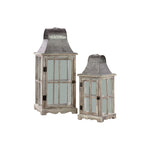 Benzara Wooden Lantern with Metal Top and Ring Handle, Set of 2, Natural Brown