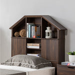 Benzara Twin Size Hut Style Bookcase Headboard in Wood, Dark Walnut Brown