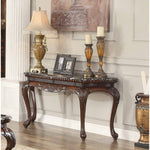 Benzara Traditional Style Engraved Sofa Table With Marble Top, Dark Cherry Brown