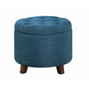 Benzara Button Tufted Wooden Round Storage Ottoman Upholstered In Fabric, Blue & Brown