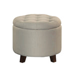 Benzara Button Tufted Wooden Round Storage Ottoman Upholstered In Fabric, Beige & Brown