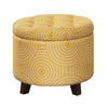 Benzara Button Tufted Wooden Round Storage Ottoman Upholstered In Fabric, Yellow & Brown