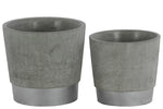 Benzara Round Cemented Flower Pot  on Silver Banded Rim Base, Set of 2, Gray