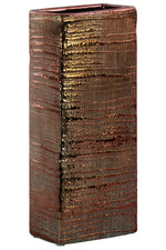 Benzara Ceramic Tall Rectangular Ribbed Design Vase, Large, Distressed Copper Finish