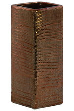 Benzara Ceramic Tall Square Ribbed Design Vase in Distressed Copper Finish